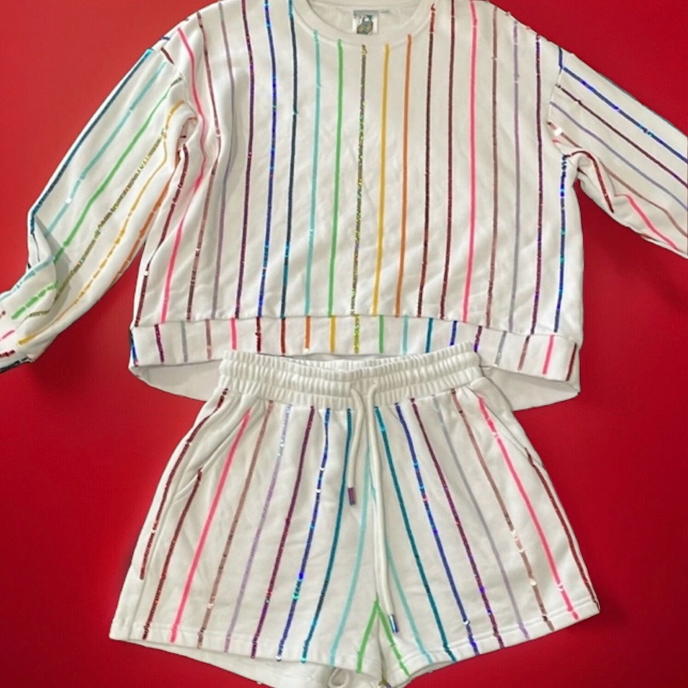 Queen Of Sparkles S (Oversized) Sequined Stripes (2) Pc Sweatshirt/Short Set EUC